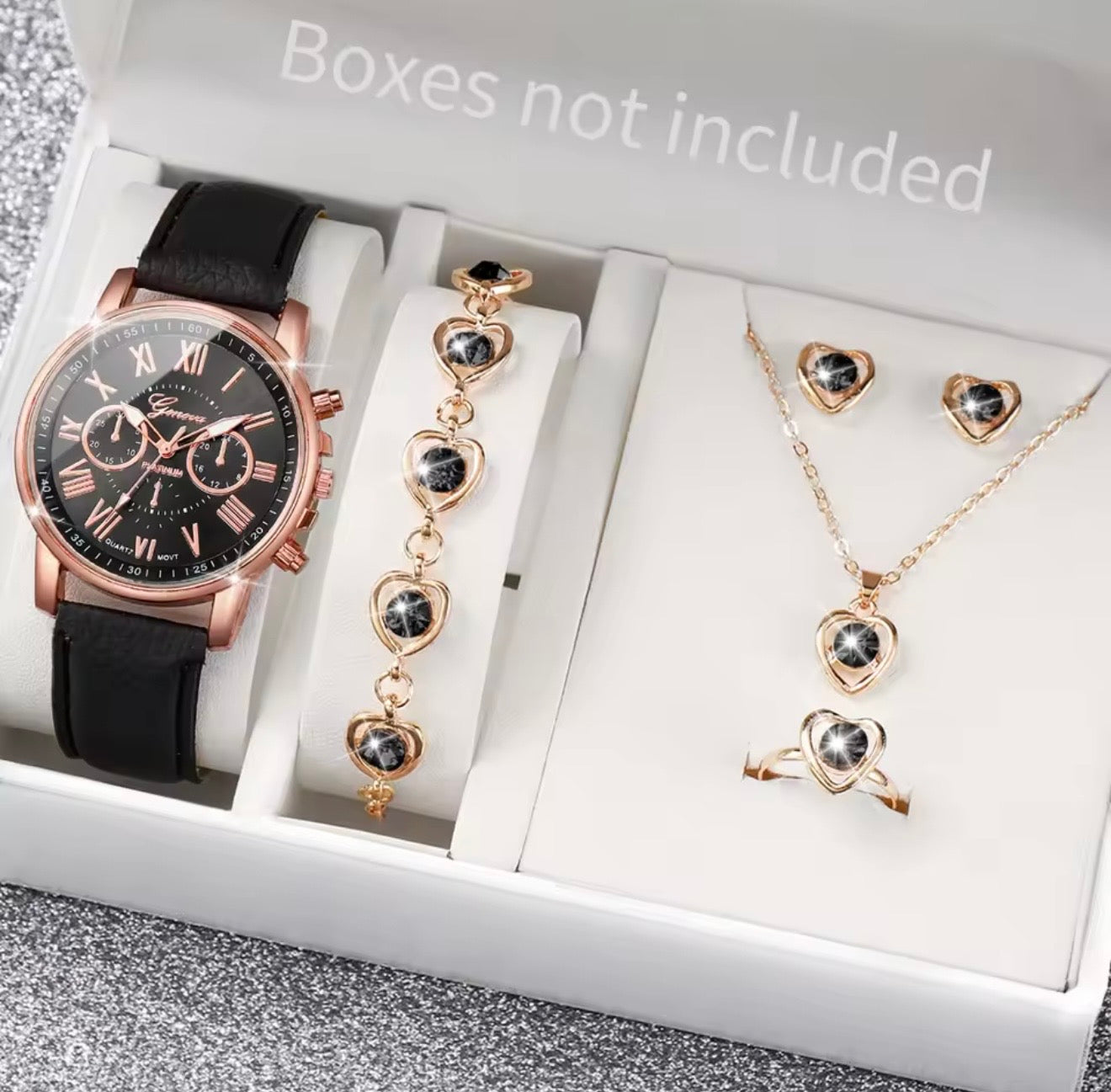Fashion Women's Quartz Watch Leather Band Analog Wrist Watches Heart Rhinestone Jewelry Set(Without Box