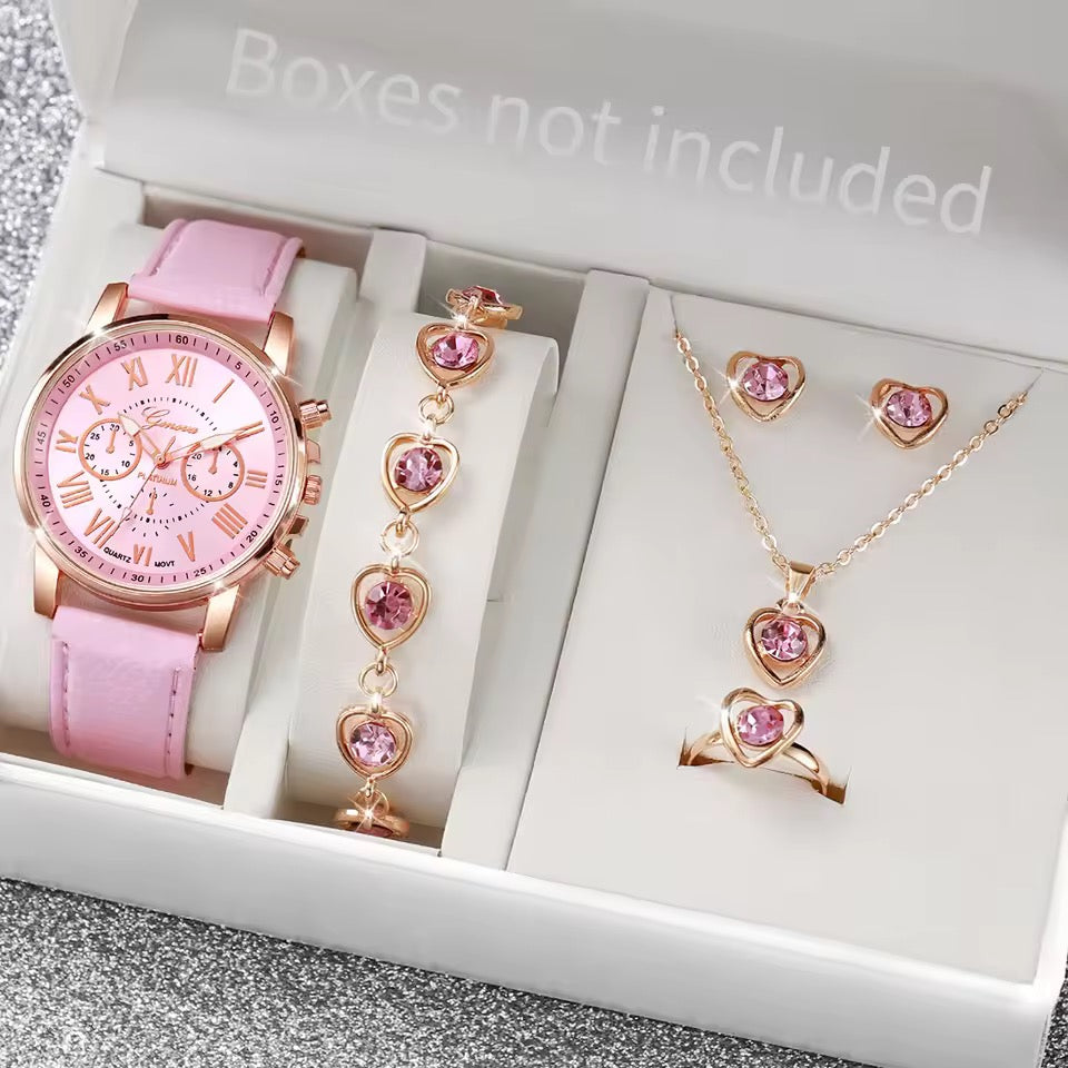 Fashion Women's Quartz Watch Leather Band Analog Wrist Watches Heart Rhinestone Jewelry Set(Without Box