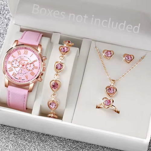 Fashion Women's Quartz Watch Leather Band Analog Wrist Watches Heart Rhinestone Jewelry Set(Without Box