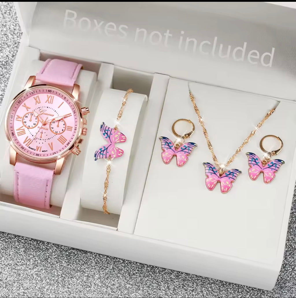 Fashion Women's Quartz Watch Leather Band Analog Wrist Watches Heart Rhinestone Jewelry Set(Without Box