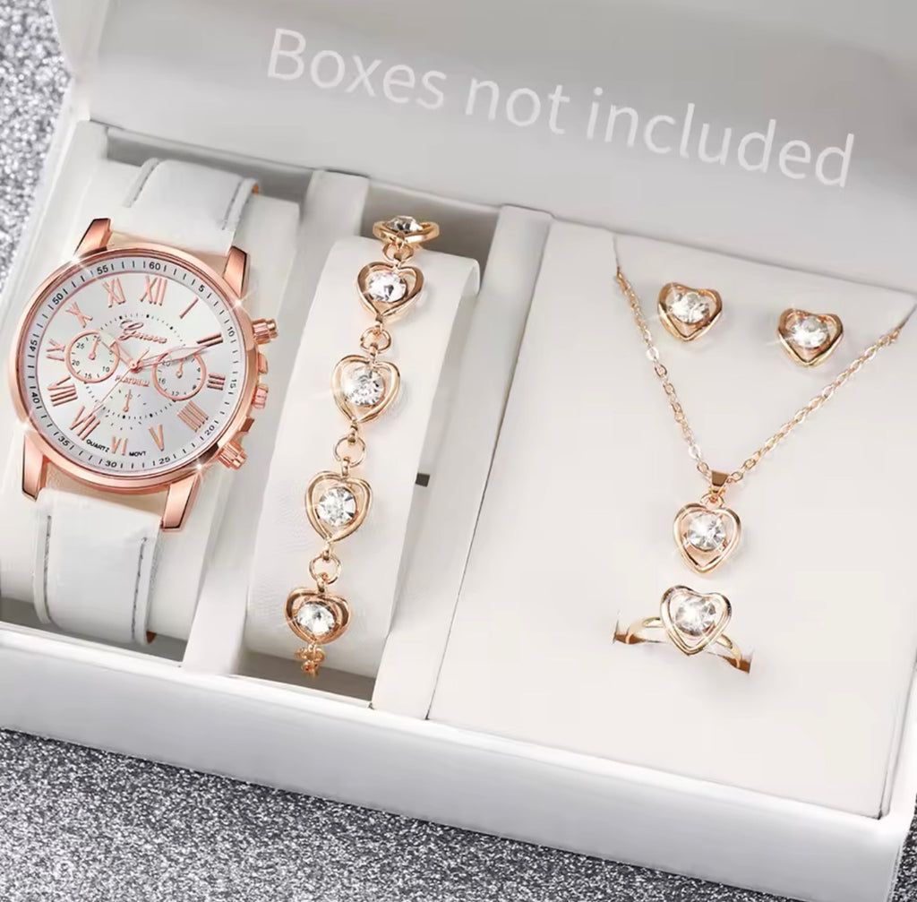 Fashion Women's Quartz Watch Leather Band Analog Wrist Watches Heart Rhinestone Jewelry Set(Without Box