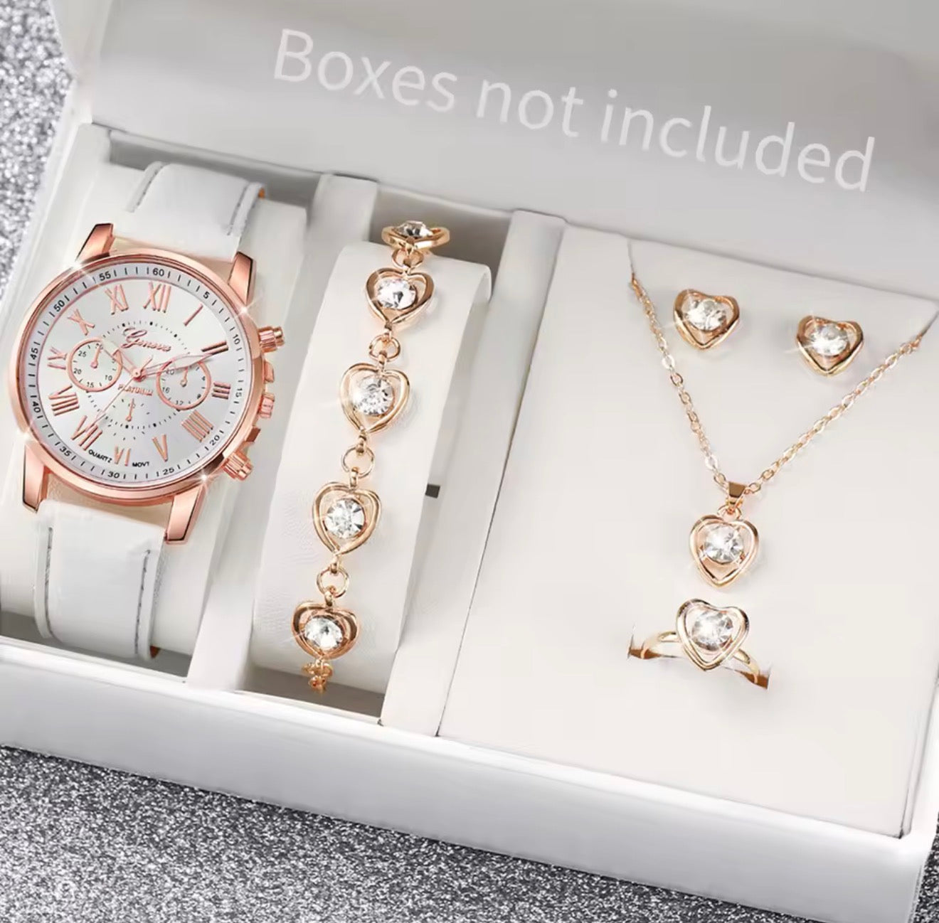 Fashion Women's Quartz Watch Leather Band Analog Wrist Watches Heart Rhinestone Jewelry Set(Without Box